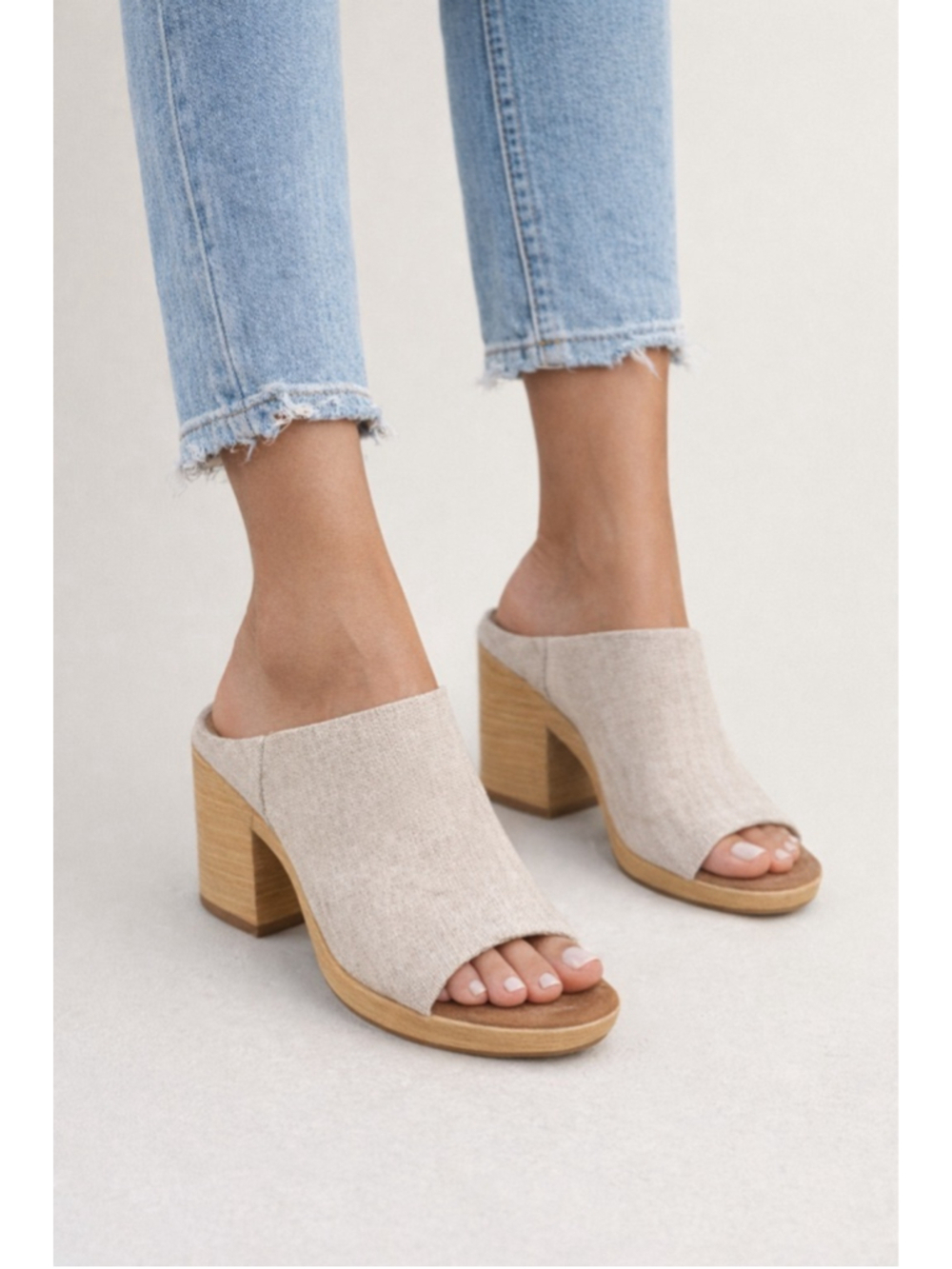 TOMS Florence Linen Platform Mule Sandals Peep Toe Block Heel Size 9.5